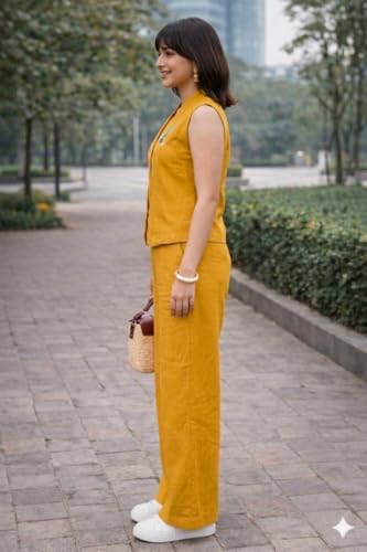 Image of Lyssa Yellow Ember Embroidered Co-Ord Set for Women, Sleeveless Vest with Wide-Leg Trousers