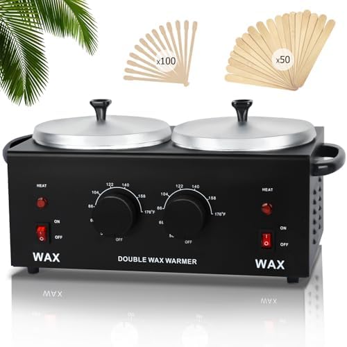 Hair Removal Wax Warmer with Adjustable Temperature - Large Professional Double Pot for Salon and Home Use, Includes 100 Wax Sticks
