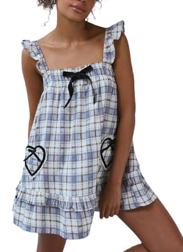 Image of NUFIWI Y2K Ruffle Hem Babydoll Mini Dresses Square Neck Spaghetti Strap Short Dresses Boho Flowy Patchwork Sundress Vocation