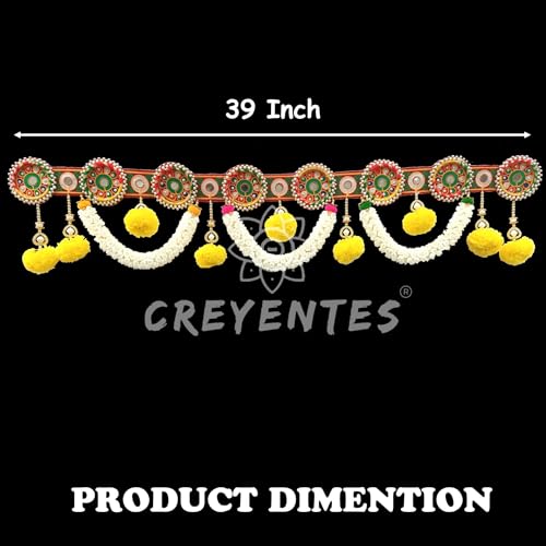Image of Traditional Handmade Toran for Door, Thoranam Jasmin Flower, Mirror Work, Diwali Toran, Decoration for Festival, Embroidery Work (Round Ring Jasmin Toran)