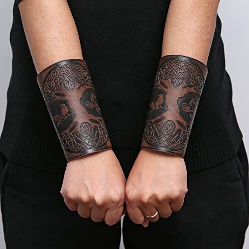 Hzman Viking Yggdrasil World Tree Print Premium Leather Bracers Pu Leather Arm Nordic Medieval Costume Props For Larp Cosplay Brown #TOP3