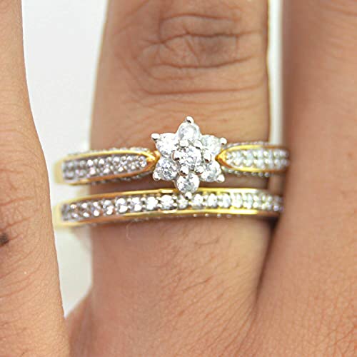 14k Yellow Gold Fn Trio Ring Set His N Her Simulated Diamond Engagement Bridal Wedding set4