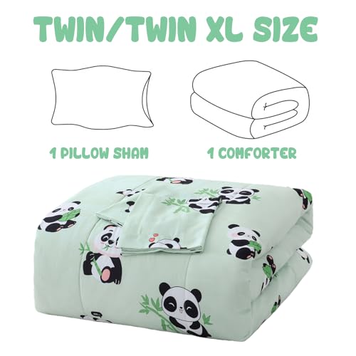Image of Yibeizi Kids Cute Panda Comforter Twin Sage Green Bedding Set