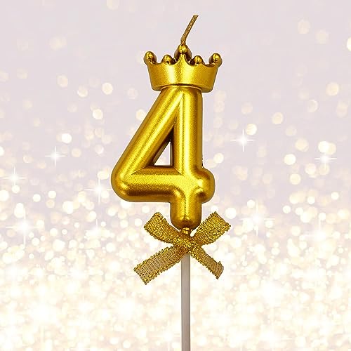 Image of 1 Pc 4 Number Candle for Birthday Cake Metallic Gold Number 4th Birthday Cake Decoration Four Candle with Crown on Top Cake Topper 0-9 Number Candles for Anniversary (Pack of 1, Gold)