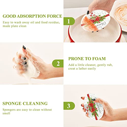 Image of Christmas Fir Tree Winter Red Bow Kitchen Sponges Xmas Ball Holly Berries Cleaning Dish Sponges Non-Scratch Natural Scrubber Sponge for Kitchen Bathroom Cars pack of 3