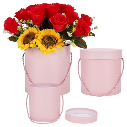 BENECREAT 3 cajas de regalo redondas rosas. Cajas de sombreros para ramos de flores con tapa para arreglos florales de dama de honor propuesta boda cumpleaños fiesta