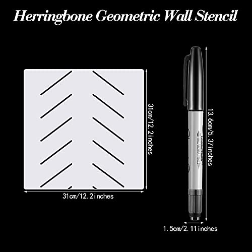 2 Pieces Herringbone Geometric Design Wall Stencil Reusable Repeating Herringbone Pattern Stencils Herringbone Simple Large Wall Stencil with 2 Pieces Marking Pen for Wall