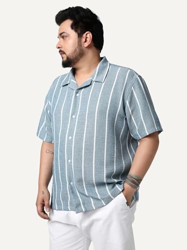 Image of Urbano Plus Men's Cotton Half Sleeve Relaxed Fit Linen Striped Shirt with Cuban Collar