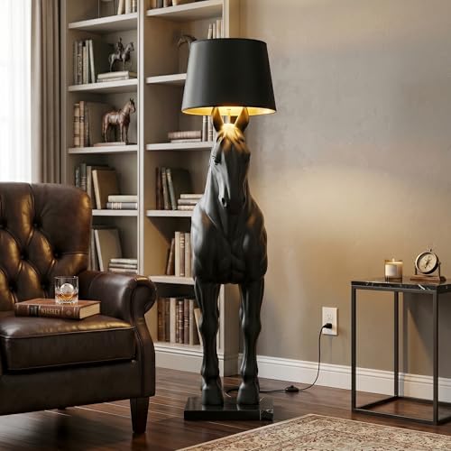 Haroge Andalusian Stallion Horse Floor Lamp Matte Black Sculpture Lamp with Gold Shade Marble Base Foot Switch 16W 3000K LED Bulb Fully Assembled Luxury Floor Lamp for Living Room Office