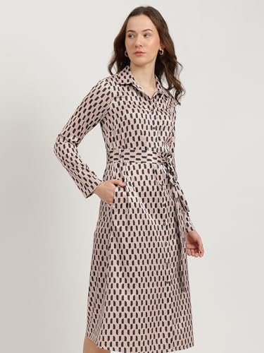 Image of FableStreet Women Formal Dress | Notch Collar Wrap Midi Dress with Self-Tie Belt & Button-Front | Smooth Viscose Rayon Fabric for Workwear & Day-to-Night Elegance