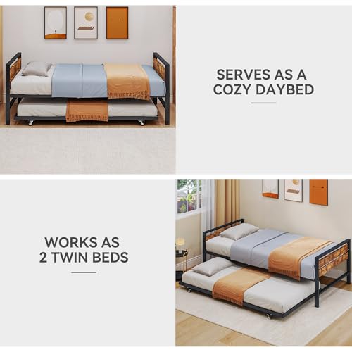 DWVO Twin Daybed with Trundle, Metal Sofa Bed Frame with Wood Headboard and Pull-Out Trundle, Adjustable Height Trundle Daybed for Guest Room, Living Room, Easy Assembly, Black