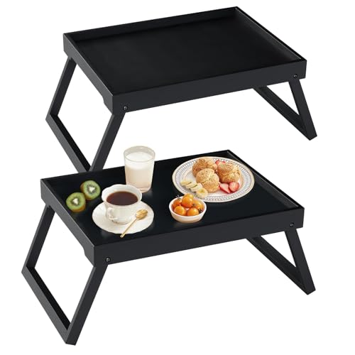 Bamboo Bed Tray Table with Folding Leg, Breakfast for Eating, Kitchen Serving, Food,Sofa, Snacking, Laptop Desk Dinner,2 Pack (Black)