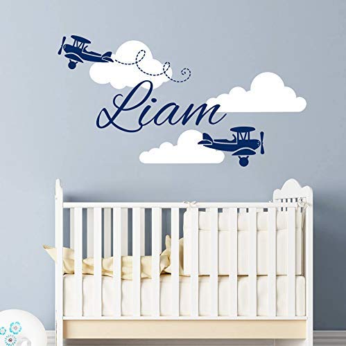 Personalized Boy Name Wall Decals. Decals for Boys Clouds Biplane Airplane Plane Nursery Decals Art Wall Vinyl Sticker. Name For Son's Nursery Wall Decor. Custom Baby Boy Name Wall Decal vs41