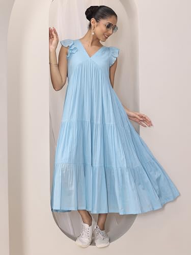 Image of Libas Solid Cotton Fit and Flare Dress for Women