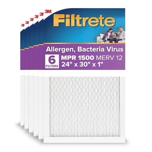 Filtrete 24x30x1 AC Furnace Air Filter, MERV 12, MPR 1500, CERTIFIED asthma & allergy friendly, 3 Month Pleated 1-Inch Electrostatic Air Cleaning Filter, 6-Pack (Actual Size 23.81x29.81x0.78 in)