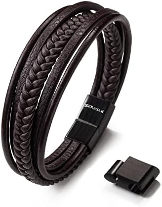 SERASAR Leather Bracelet for Men - Male Bracelets Brown Cowhide Gift-Box Braided Bracelet Stainless Steel Jewelry Wrist-Band Cuff Wrap Rope Bangle Dad Man Boy Pulseras para Hombres Cuero Regalo