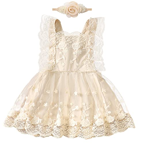 IDOPIP Baby Girls Boho Floral Lace Tutu Dress Toddler Ruffle Backless Wedding Princess Birthday Party Dresses with Headband Sundress Outfit for Cake Smash Photo Prop Beige + Headband 3-4 Years