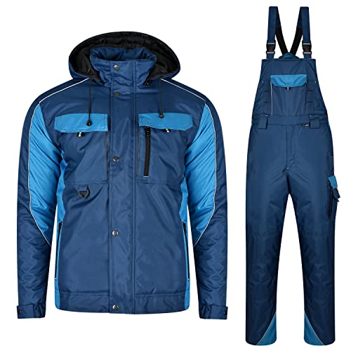 BWOLF Braver Arbeitskleidung Herren Winter Arbeitsjacke + Arbeitslatzhose, Winddicht, Wasserabweisend, Warm mit Kapuze (Blau, S)