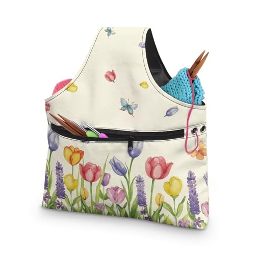 Image of KUIFORTI Floral Knitting Yarn Bag, Yarn Bags for Crocheting on The Go Crochet Organizer Storage Bag, Yarn Tote for Crochet Accessories, Knitting Needles, Fit for Women Girls at Home Travel, Large Size