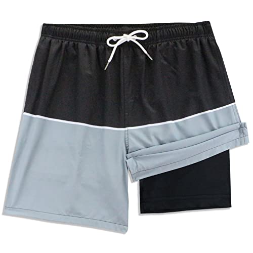7" Swim Trunks With Compression Liner,Men Bathing Suits With Boxer Brief Lined No Chafed Quick Dry For Beach Swim Outdoor Sports 18" Long(Black Gray,Small) #TOP1