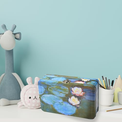 Image of DAHO Metal Storage Box with Hinge for Office, School, Home, Makeup, Arts & Crafts and Accessories (Water Lilies)