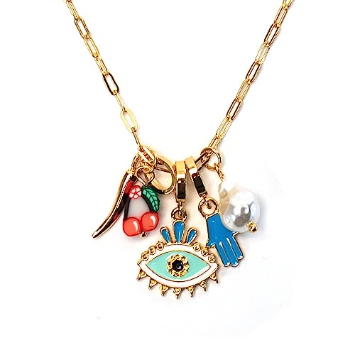 Paperclip Pendant Protection Necklace - Pendant Necklace With Italian Horn Evil Eye Hand and Foot Pearls