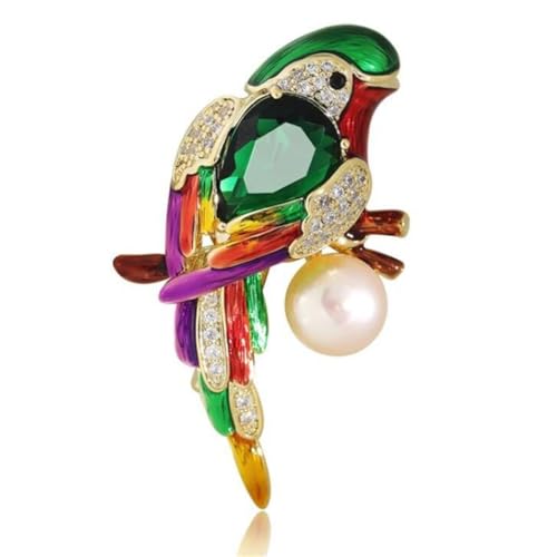 Image of Vintage CZ Shell Pearl Colorful Parrot Brooch Pin for Women Girls Enamel Rhinestone Pearl Animal Bird Brooches Lapel Pins Spring Ornament Dress Accessories Delicacy Jewelry