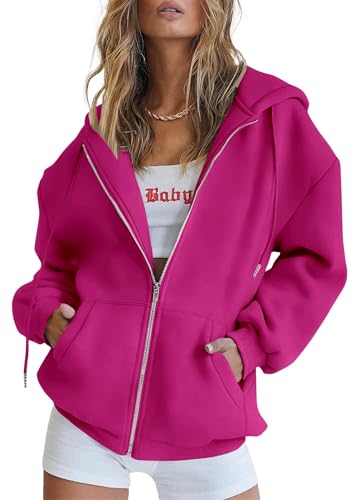 PRETTYGARDEN Women's 2025 Zip Up Y2K Hoodies Casual Long Sleeve Sweatshirts Fall Winter Track Jackets with Pockets (Rose Red,Medium)