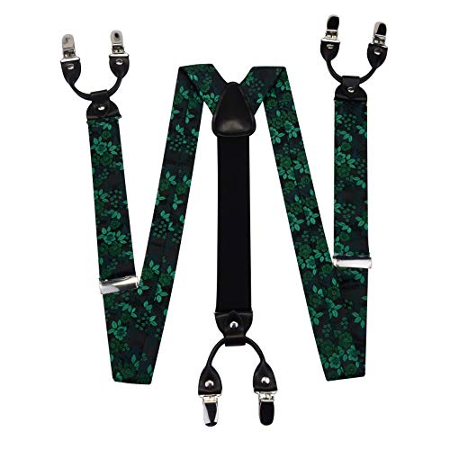Image of GUSLESON Adjustable Plaid Floral 6 Clips Y Shape Suspenders Pre-tied Bow Tie and Pocket Square Set with Gift Box