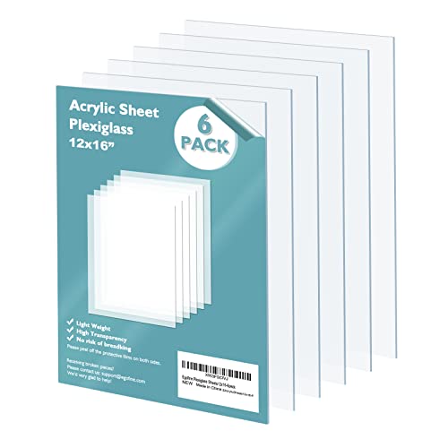 Egofine Plexiglass Sheets 6 Pack of 12x16’’ 0.04 Thick Clear Plastic Cast Transparent Plexi Glass Acrylic Sheets for Crafting Projects, Replacement Picture Frame Glass, DIY Display, Easy to Cut