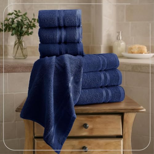Image of 100% Cotton Terry Ultrasoft and Quick Absorbent 380 GSM Solid 6 pcs. Quick Dry Bath Towel Set for Bathroom or Gifting Towel Set (Navy Blue)