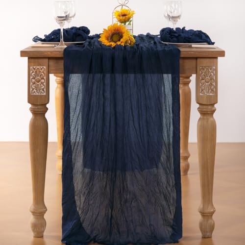DeZerlor Navy Blue Cheesecloth Table Runner 4 Pack Summer Sheer Navy Cheese Cloth Table Runners Boho Gauze 120 Inches Summer Table Decorations for Wedding Bridal Baby Shower Party Dinner Decor