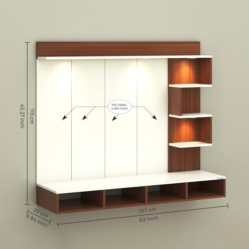 Image of Anikaa Kasey Engineered Wood Wall-Mount TV Unit with PVC Back Panel & LED Lights | TV Cabinet with Storage Box & Decorative Shelves (Walnut /White) Ideal for TVs up to 55 Inch | DIY Installation