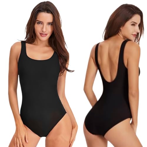 Women One Piece Swimsuit Swimming Costume Tummy Control Ladies Round Neck Swimwear Monokini with Removable Pads Sexy High Cut Low Back Bathing Suits (UK, Alpha, M, Regular, Regular, Black)
