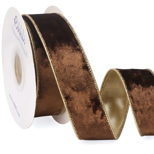 Image of Ribbli Brown Velvet Wired Ribbon 1.5 Inch Metallic Brown Gold Crushed Velvet Christmas Ribbon for Gift Wrapping Christmas Tree Decoration Crafts Wreaths Supplies-Continuous 10 Yards