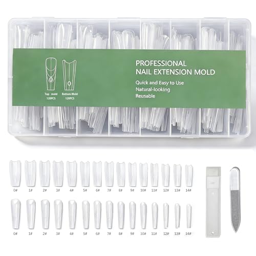 Sandwich Dual Nail Forms Kit - 240 Pcs 2026 New15 Sizes Long Square Nail Mold & Extension Set Includes Clear Glass Nail File Professional Acrylic Nail Starter Kit for DIY & Salon