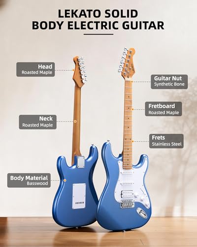 Image of LEKATO Electric Guitar Kit Beginner 39 Inch Full Size Solid Body Guitar HSS for Starter Roasted Maple Neck Fretboard Stainless Steel Frets, 5W Mini Amp, Bag, Tuner, Capo, Strap, String, Picks- Blue