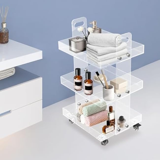 3-Tier Acrylic Utility Rolling Cart with 4 Wheels, Multifunction Storage Cart with Brakes, Clear Acrylic Mobile Kitchen Cart for Bathroom Office Living Room, 16.38x13.39x27.56in-fgRO2dAj
