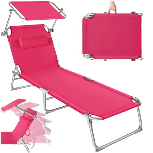 tectake® Chaise Longue Pliante Bain de Soleil avec Pare Soleil & Appuie-tête - Inclinable Transat de Plage Relax pour Jardin, Camping, Salon Extérieur - Rose