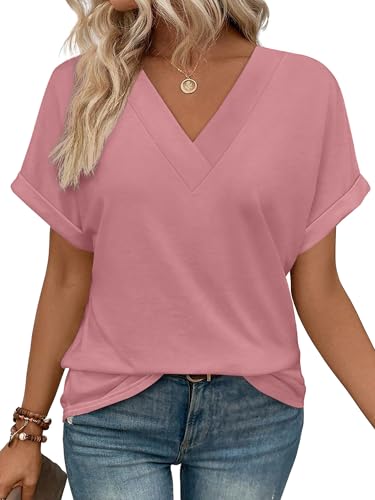 Image of WIHOLL Womens Summer Tops Short Dolman Sleeve Shirts 2026 Fashion V Neck Outfits Clothes