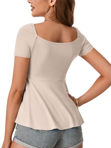 Image of Rooscier Women's Ribbed Knit Sweetheart Neck Tops Cute Drawstring Ruffle Short Sleeve T Shirts