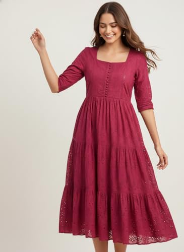 Image of Her Couture Cotton Midi Schiffli Embroidered Dress with Attached Belt