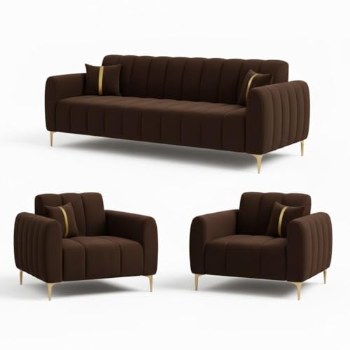 Image of FURNY Harmony 5 Seater Velvet Fabric 3+1+1 Sofa Set (Dark Brown) with Golden Finish Legs | Durable Comfort | Ideal for Living Room, Offices