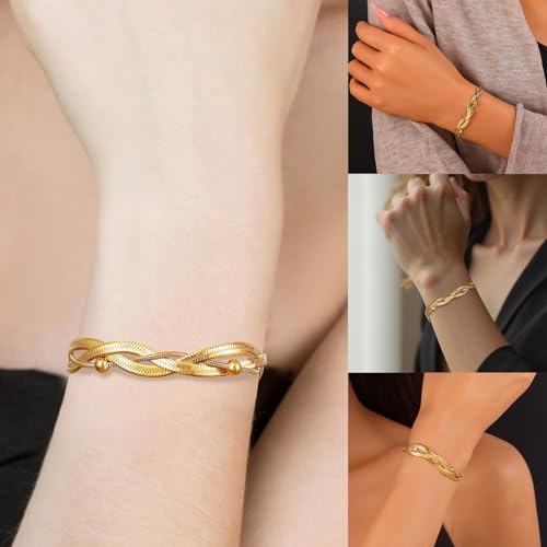 Gold Bracelets for Women, Intertwined Charm Flat Snake Chain Bracelets Bangles, Stackable Adjustable Bracelet Set, Women Trendy Accessories Minimalist Jewelry4