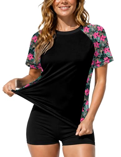 Image of AOBUTE Women Short Sleeve Rash Guard UPF 50+ Tropical Sun Protection Floral Swim Shirts