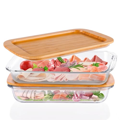Grünhirsch Aufschnittbox stapelbar Glas 1,6L - [2er Set] Wurstbox Kühlschrank - Perfekt als Wurstbehälter, Käseglocke, Frischhaltedosen mit Bambusdeckel