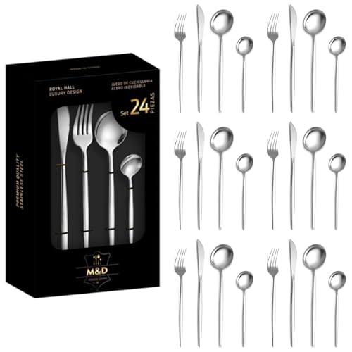 Image of Sterling Silver Silverware Set | Satin Finish French Style 24-Piece Stainless Steel Flatware Set with Giftable Box | Dishwasher Safe Tableware for Home, Restaurant & Corporate Gifting