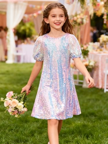 Image of WELAKEN Girls Ombre Sequin Dress Sparkly Fancy Short Puff Sleeves Gradient Party Dress