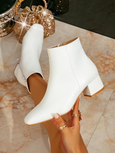 Women's Ankle Boots, White Leather, 2-Inch Block Heel, Round Toe, Side Zipper4