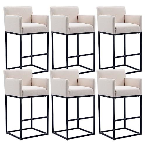 Image of Modern Counter Height Bar Stools Set of 6, Linen Fabric Upholstered Bar Stools with Backs, 30 Inch Kitchen Island Stools with Black Metal Frame, Cream